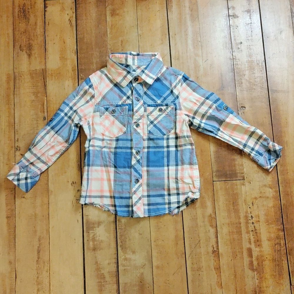 Oshkosh Shirt 3T Plaid Button Down Pink Blue Cotton Easter Spring